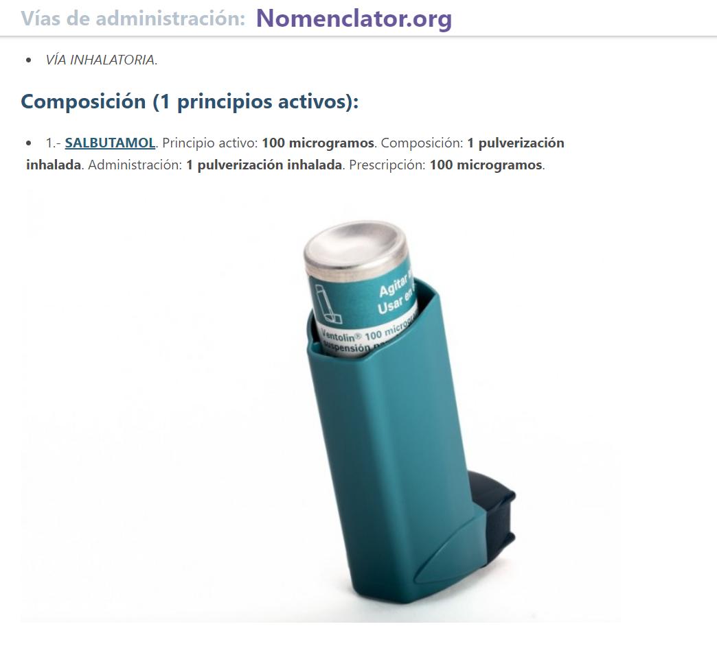 Página sobre el medicamento Ventolin inhalador en nomenclator.org.